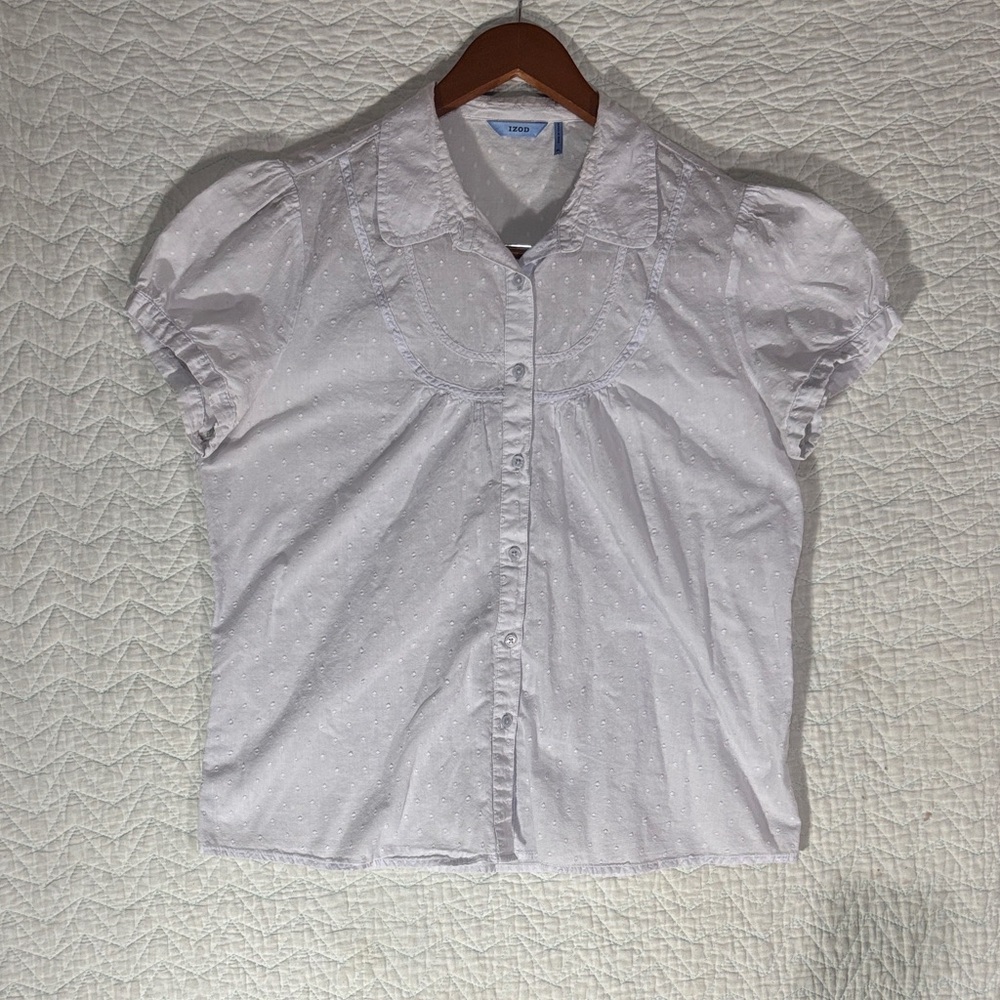 Izod White Textured Button-Up Shirt 100% Cotton Puff Sleeve Swiss Dot